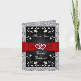 Tarjeta De Agradecimiento Corazones Florales Rojo Plateado Negro FOIL FALSO 
