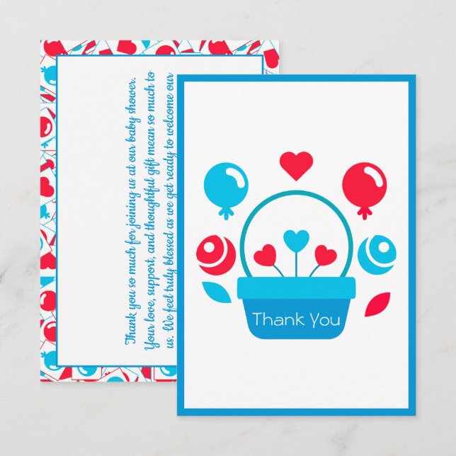 Tarjeta De Agradecimiento Corazones, globos y cesta del corazón (Anverso / Reverso)