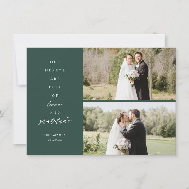 Tarjeta De Agradecimiento Corazones Llenos Tres Fotos Verde Boda (Anverso)