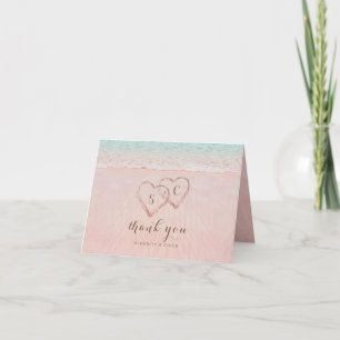 Tarjeta De Agradecimiento Corazones rosados en la playa destino arena
