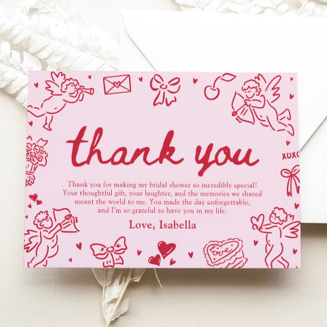 Tarjeta De Agradecimiento Corazones Rosados Rojos Dibujados a Mano para Boda (Hand Drawn Valentine Bridal Shower Thank You Card)