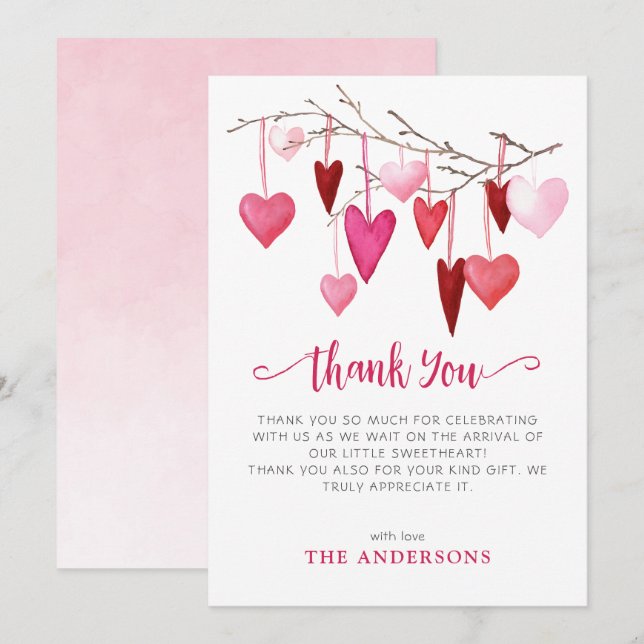 Tarjeta De Agradecimiento Corazones rosados Valentine Baby Shower (Anverso / Reverso)
