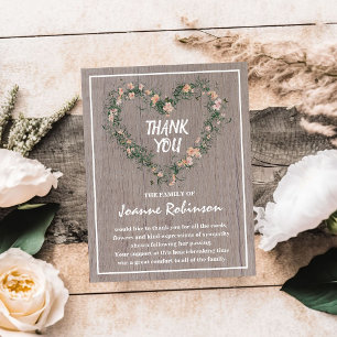 Tarjeta De Agradecimiento Corona de corazón floral rústica   Funeral