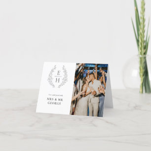Tarjeta De Agradecimiento Corona de Hojas Monograma Foto Boda