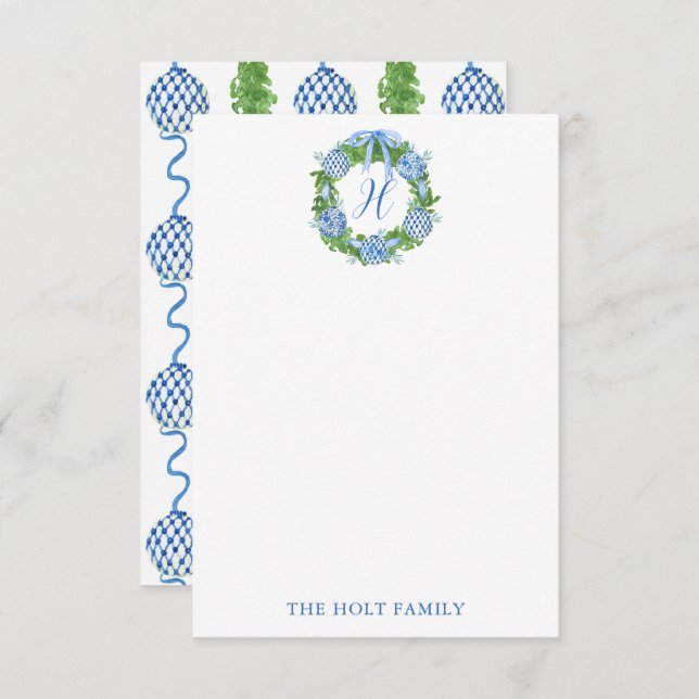 Tarjeta De Agradecimiento Corona de monograma de chinoiserie en acuarela Nav (Anverso / Reverso)