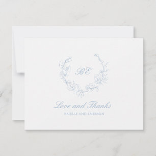 Tarjeta De Agradecimiento Corona de Monograma de Foto Azul Polvoriento Elega