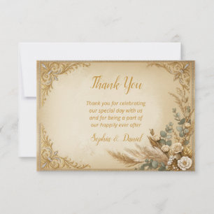 Tarjeta De Agradecimiento Corona de Oro de Marfil Pampas Boho Real Elegante