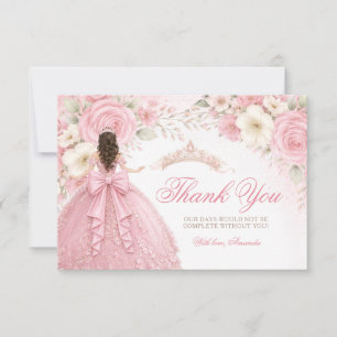 Tarjeta De Agradecimiento Corona de Tiara para Quinceañera con Lazo Rosa Rub