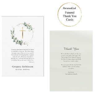 Tarjeta De Agradecimiento Corona de Verdor con Cruz Dorada Funeral Católico