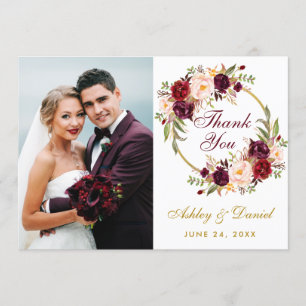 Tarjeta De Agradecimiento Corona Floral Borgoña Boda Foto Gracias
