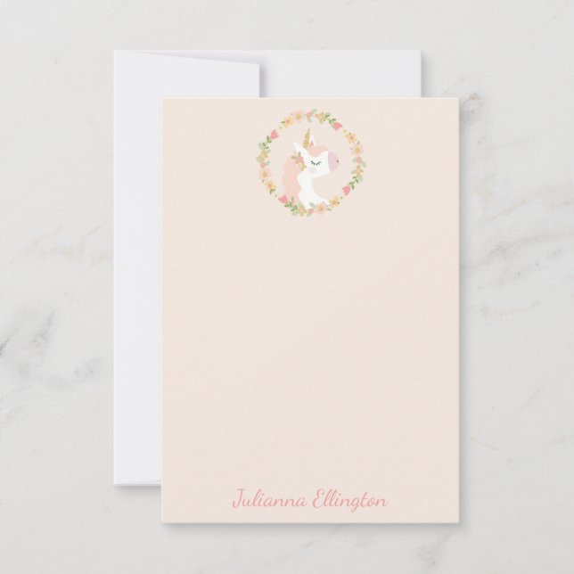 Tarjeta De Agradecimiento Corona floral de unicornio lindo rosa rubor nombre (Anverso)