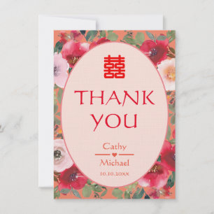 Tarjeta De Agradecimiento Corona floral naranja flores rojas boda china 