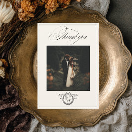 Tarjeta De Agradecimiento Corona Monograma Caligrafía Elegante Boda