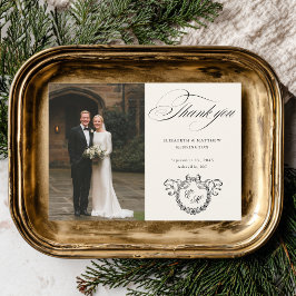 Tarjeta De Agradecimiento Corona Monograma Elegante Caligrafía Boda