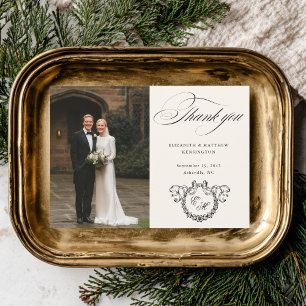 Tarjeta De Agradecimiento Corona Monograma Elegante Caligrafía Boda