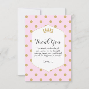 Tarjeta De Agradecimiento Corona Real Princesa Gracias puntos rosados y dora