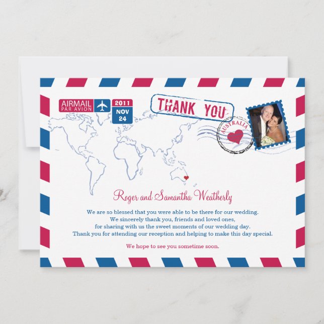 Tarjeta De Agradecimiento Correo Aéreo Australia Boda Gracias (Anverso)