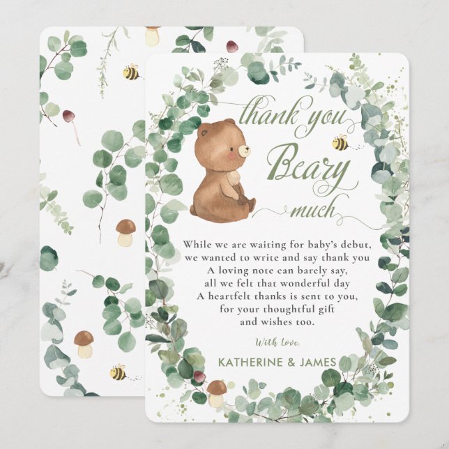 Tarjeta De Agradecimiento Corte Baby Bear Greenerenerenery Género Ducha Neut (Anverso / Reverso)