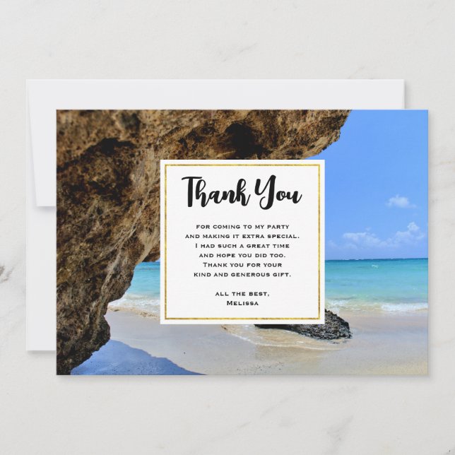 Tarjeta De Agradecimiento Costa Tropical de Playa con Gran Roca Gracias (Anverso)
