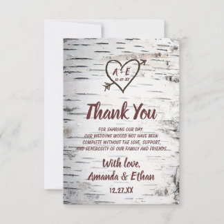 Tarjeta De Agradecimiento Country Birch Tree Bark Heart Arrow Rustic Boda