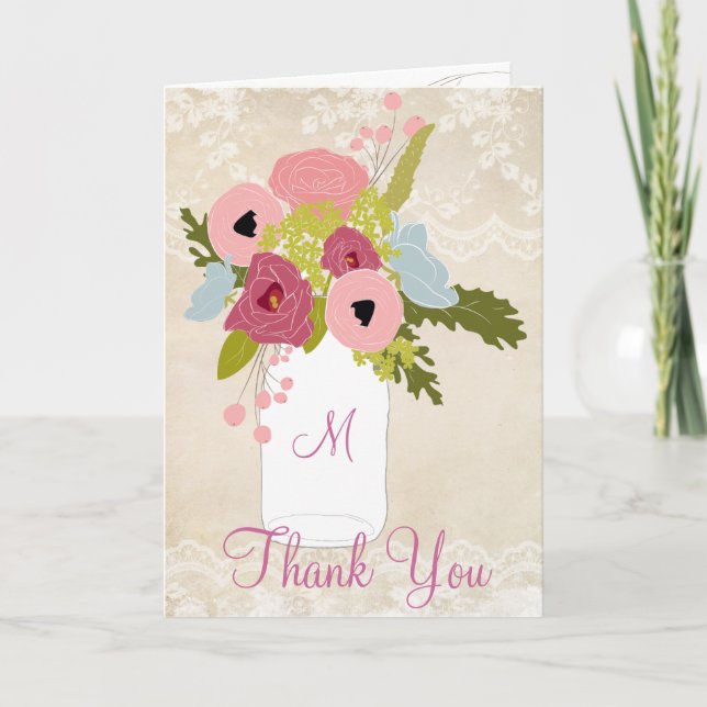 Tarjeta De Agradecimiento Country Burlap Lace Mason Jar Boda Gracias (Anverso)