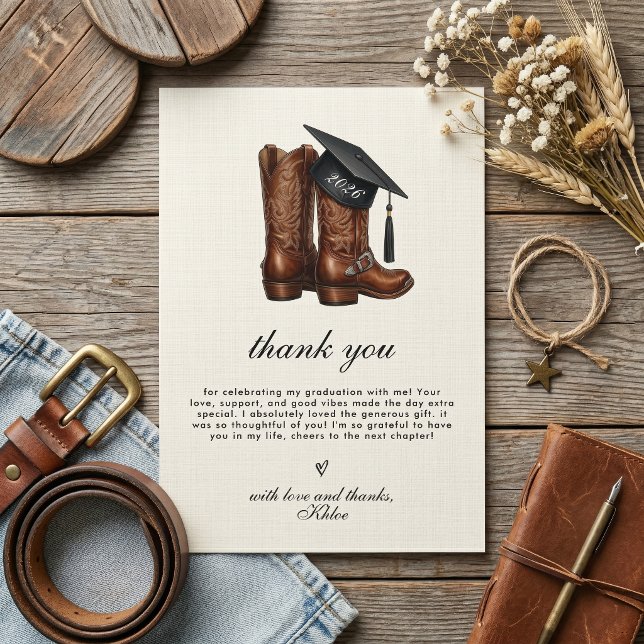 Tarjeta De Agradecimiento Country Chic Cowgirl Boots and Cap Graduation (Country Chic Graduation Thank You Card)