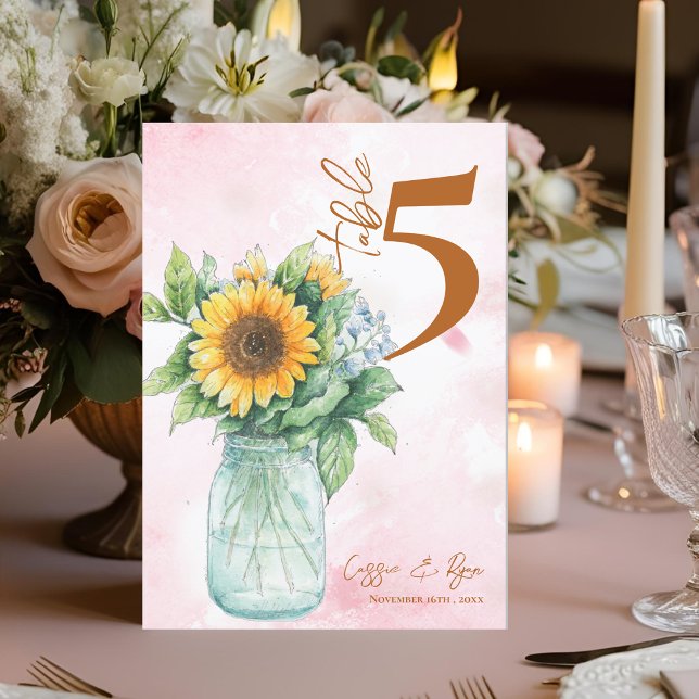 Tarjeta De Agradecimiento Country Sunflower Mason Jar Boda Número de tabla (Country Sunflower Mason Jar Wedding Table Number)