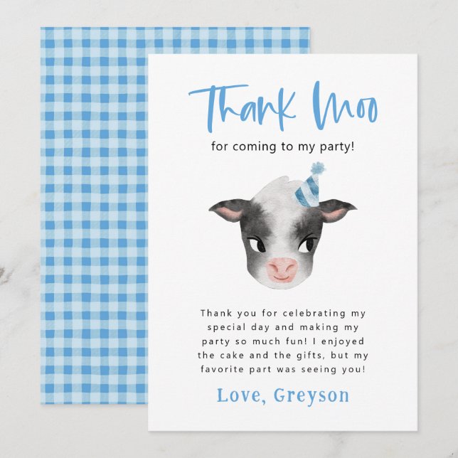 Tarjeta De Agradecimiento Cow Gracias Moo Boy Birday Party (Anverso / Reverso)