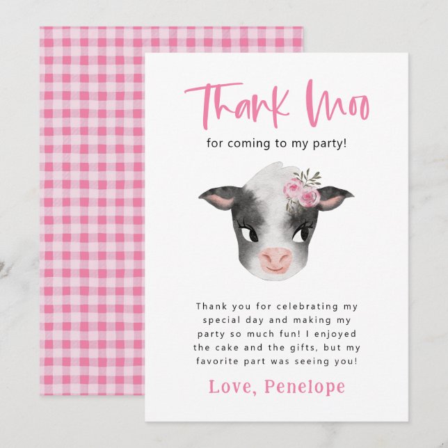 Tarjeta De Agradecimiento Cow Gracias Moo Chica Partido del Cumpleaños (Anverso / Reverso)