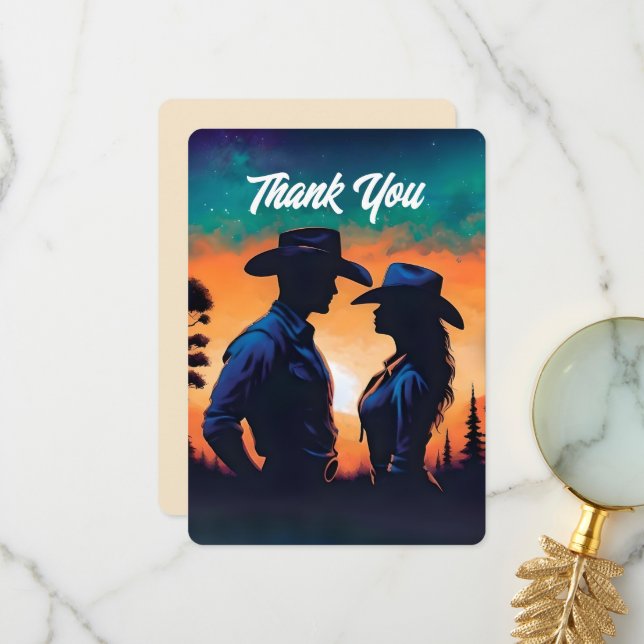 Tarjeta De Agradecimiento Cowboy & Cowgirl Sunset (Anverso/Reverso In Situ)