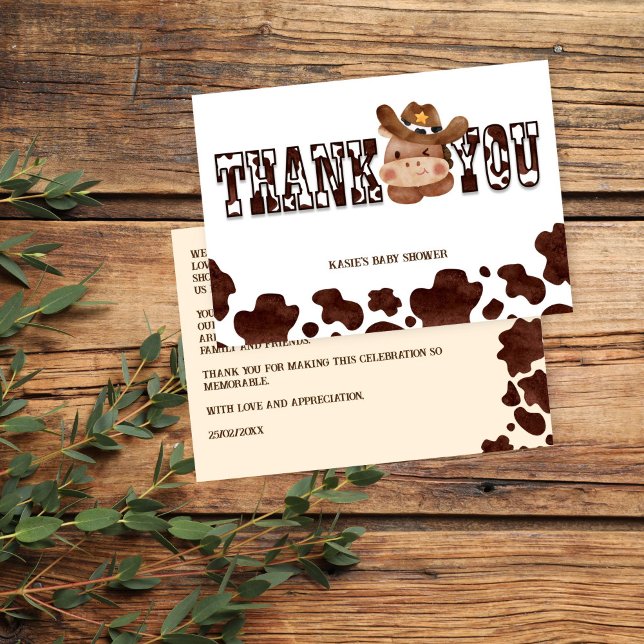 Tarjeta De Agradecimiento Cowboy lindo bebé caballo bebé oeste (Cowboy cute baby horse western baby shower thank you card brown cow pattern ranch hacienda farm)