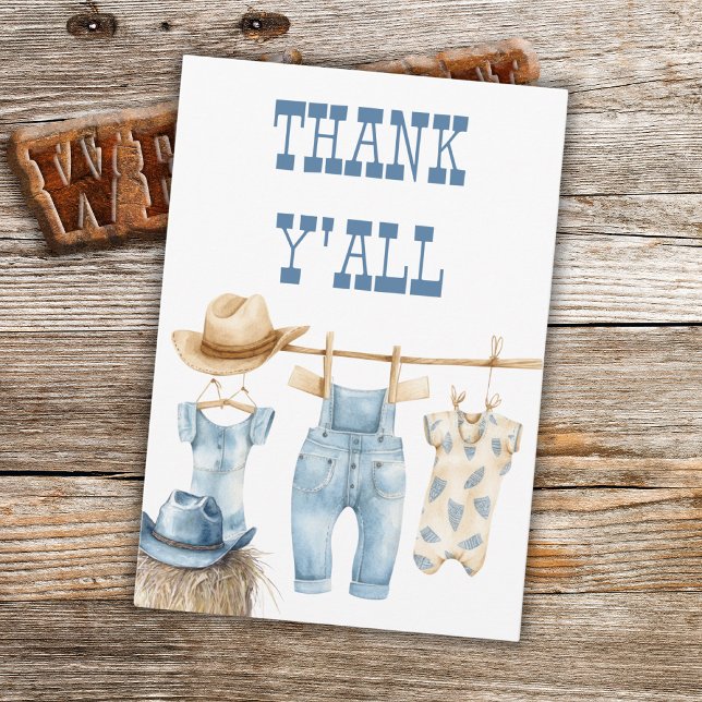 Tarjeta De Agradecimiento Cowboy Western Clothesline Blue Boy Baby Shower (Subido por el creador)