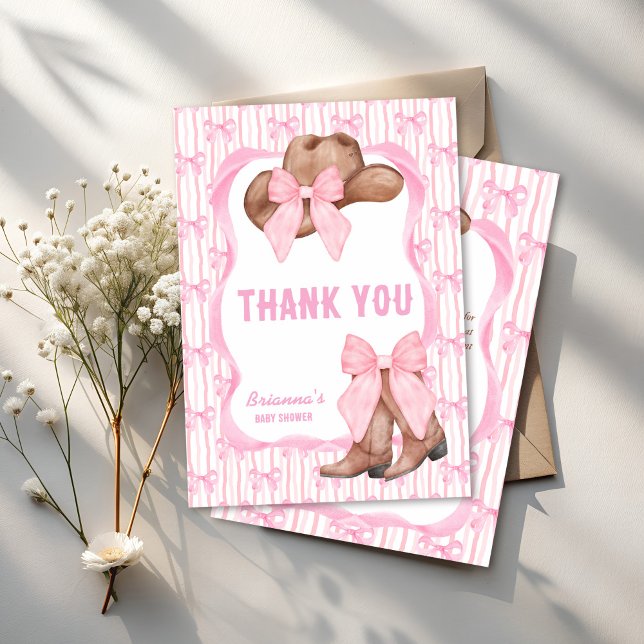 Tarjeta De Agradecimiento Cowgirl lazo de arco rosa chicas de bebé ducha (Cowgirl pink bow ribbon coquette western girls baby shower thank you cards boots and bows)