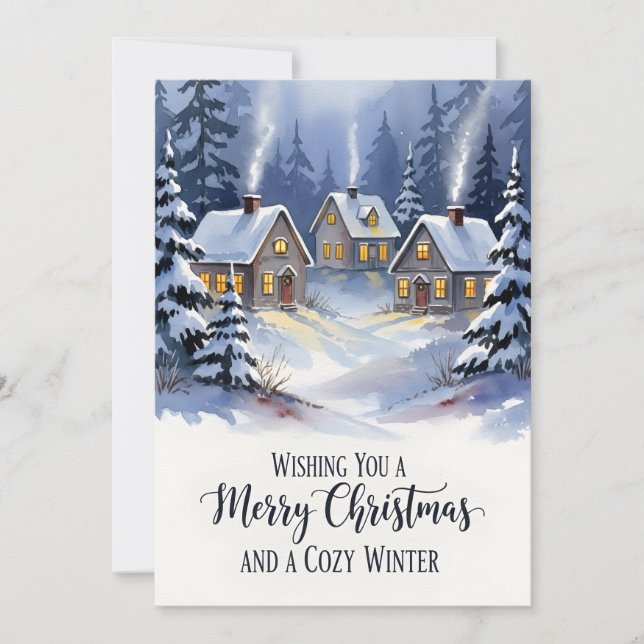 Tarjeta De Agradecimiento Cozy Winter Village Watercolor Christmas (Anverso)
