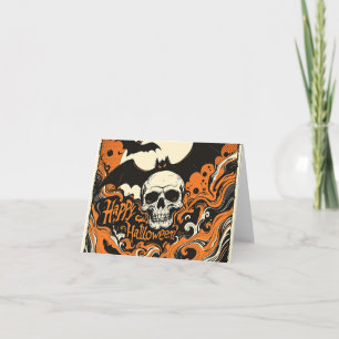 Tarjeta De Agradecimiento Cráneo gótico "Feliz Halloween" y auto de saludo e