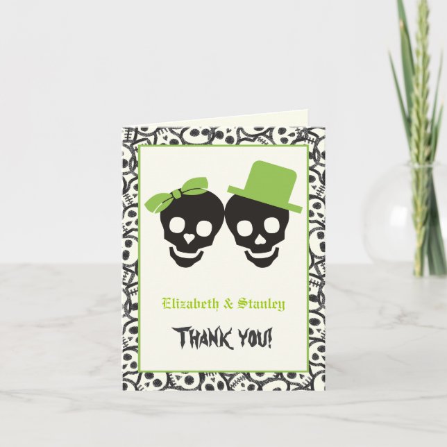 Tarjeta De Agradecimiento Craneos elegantes Halloween boda verde Agradecido (Anverso)