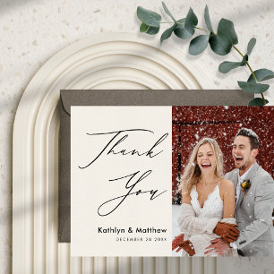 Tarjeta De Agradecimiento Cream Elegant Script Moderno Photo Simple Boda