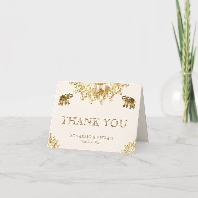 Tarjeta De Agradecimiento Cream Gold Ethnic Elephants Indian Wedding (Anverso)