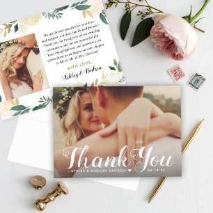 Tarjeta De Agradecimiento Cream Gold Floral Greenery Wedding Monogram Photo