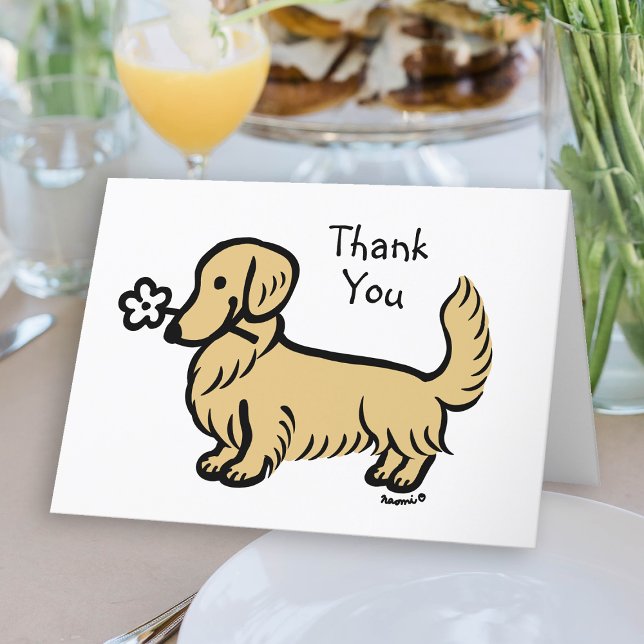 Tarjeta De Agradecimiento Cream Long Haied Dachshund Flor Pequeña (Long Haired Cream Dachshund Tiny Flower Thank You Card for Doxie owners.  Cute Dog Cartoon.)