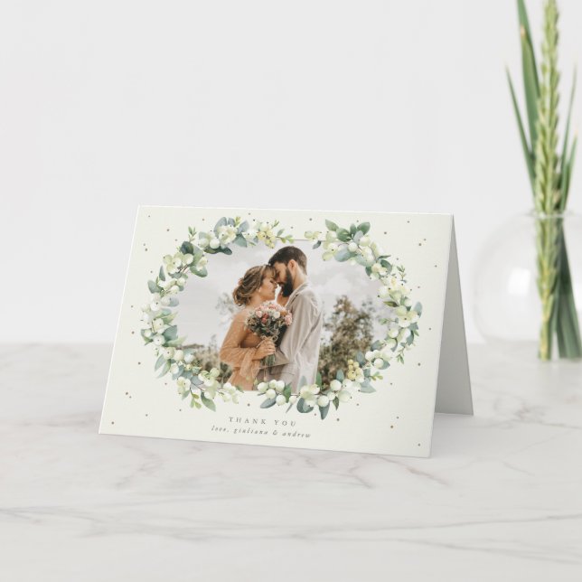 Tarjeta De Agradecimiento Cream Snowberry+Eucalyptus Boda Foto (Anverso)
