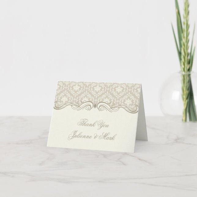 Tarjeta De Agradecimiento Cream Tan Damask Swirls Gracias (Anverso)