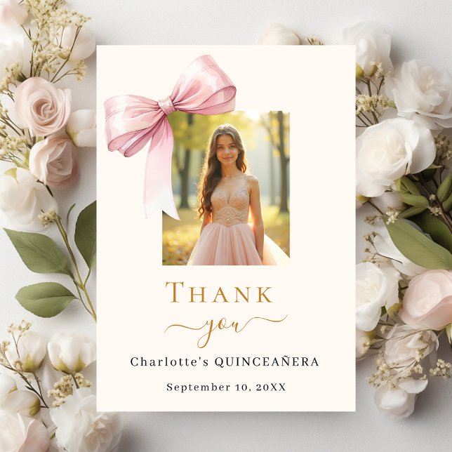 Tarjeta De Agradecimiento Crema de arco rosado de Quinceanera (Subido por el creador)