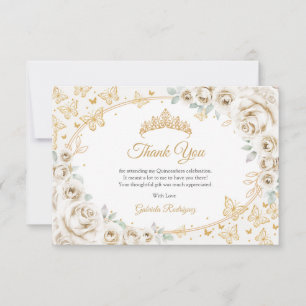 Tarjeta De Agradecimiento Crema Dorada Floral Quinceañera