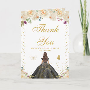 Tarjeta De Agradecimiento Crema Floral Morena Pelo Chica Dulce Dieciséis