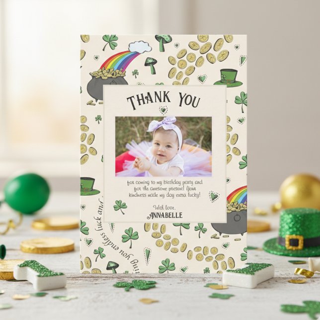 Tarjeta De Agradecimiento Crema Irlandesa Tréboles y Corazones Arcoíris Cump (Irish Lucky One Thank You Cards for St Patrick's Day First Birthday Party for Kids. Four Leaf Clover)