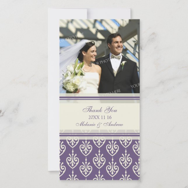 Tarjeta De Agradecimiento Crema Púrpura Gracias Cartas De Foto Boda (Anverso)