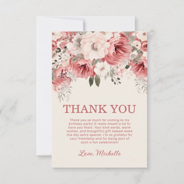 Tarjeta De Agradecimiento Crema roja rosa acuarela Floral cumpleaños (Anverso)