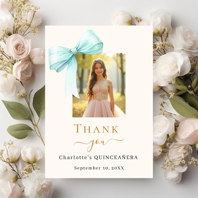 Tarjeta De Agradecimiento Crema verde azulada Quinceanera (Subido por el creador)