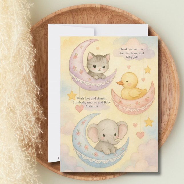 Tarjeta De Agradecimiento Crescent Moon Baby Animals Recién nacido Baby Show (Crescent Moon baby animals Gender Neutral Baby Girl Baby Shower new baby thank you card)